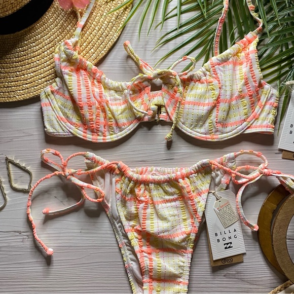 Billabong ☀️ Plaid Pink + Yellow Tropical Underwire Bikini Top | Tie Side Bottom - Picture 7 of 16